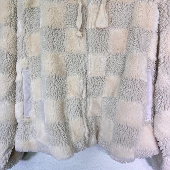 Anthropologie Jacket Womens 2X Faux Fur Hoodie Zip Up Checkered Boho Crop Fleece - Picture 6 of 11
